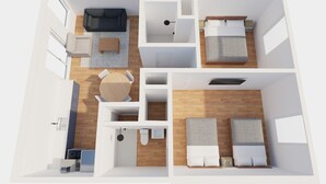 A 3D floor plan of a modern apartment with a living area, kitchen, two bedrooms, and a bathroom.