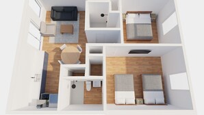 A 3D floor plan of a modern apartment with a living area, kitchen, two bedrooms, and a bathroom.
