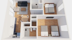 A 3D floor plan of a modern apartment with a living area, kitchen, two bedrooms, and a bathroom. - Ocean's Edge: 2BR/2BA Beach Block Condo w/ POOL (Ocean City)
