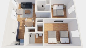 A 3D floor plan of a modern apartment with a living area, kitchen, two bedrooms, and a bathroom. - Ocean's Edge: 2BR/2BA Beach Block Condo w/ POOL (Ocean City)