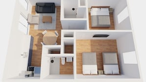 A 3D floor plan of a modern apartment with a living area, kitchen, two bedrooms, and a bathroom.
