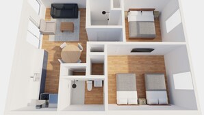 Un plan d’étage en 3D d’un appartement moderne comprenant un espace de vie, une cuisine, deux chambres et une salle de bain.