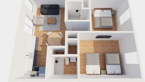 Un plan d’étage en 3D d’un appartement moderne comprenant un espace de vie, une cuisine, deux chambres et une salle de bain.