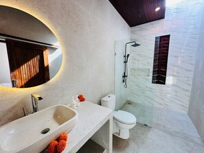 Douche, séchoir à cheveux, bidet, serviettes fournies