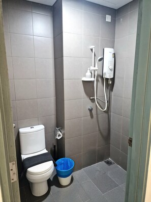 Shower, hair dryer, bidet, towels