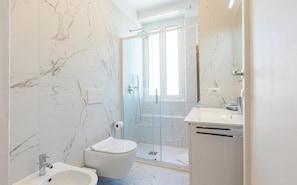 Shower, hair dryer, bidet, towels