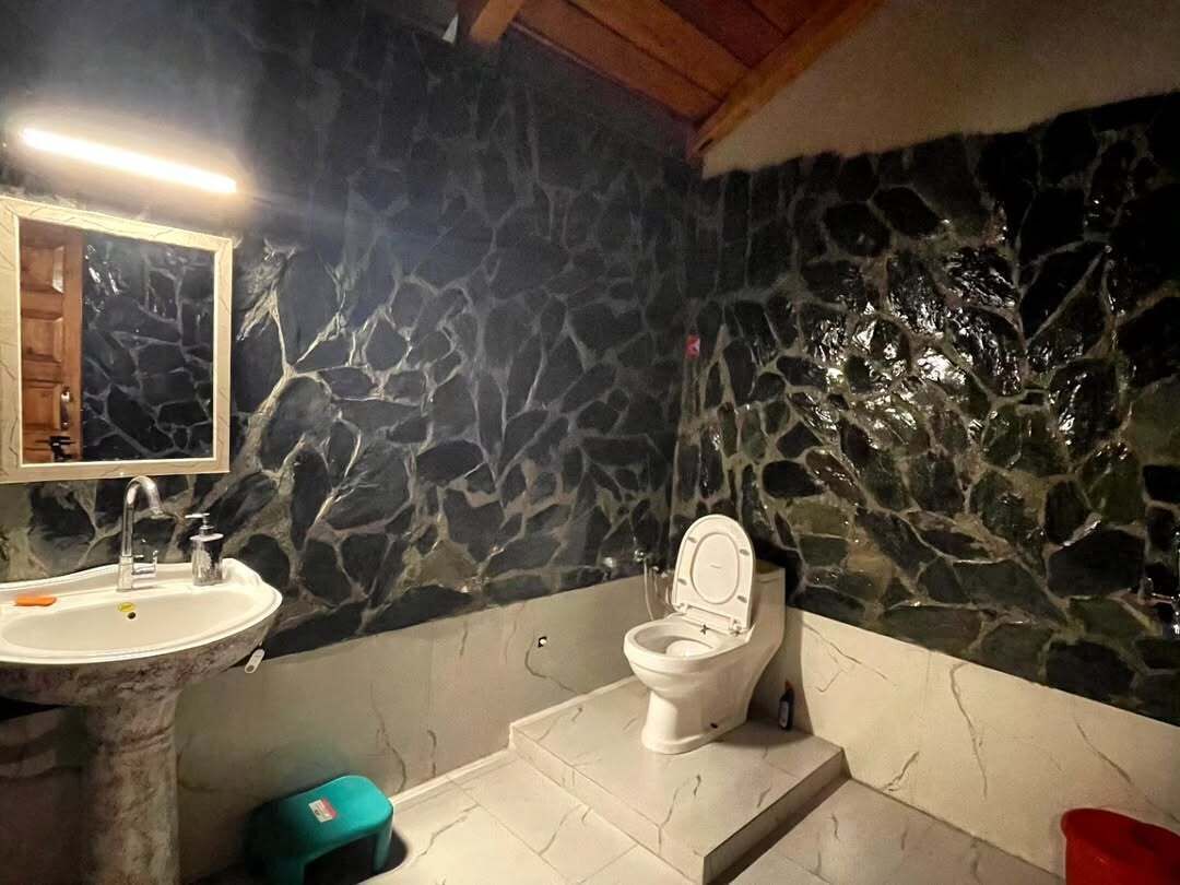 A bathroom with a stone wall, a sink, and a toilet.