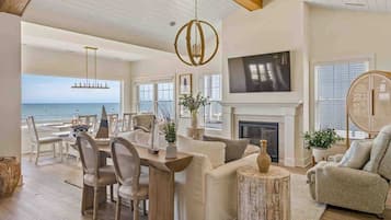 TV, fireplace, books, offices