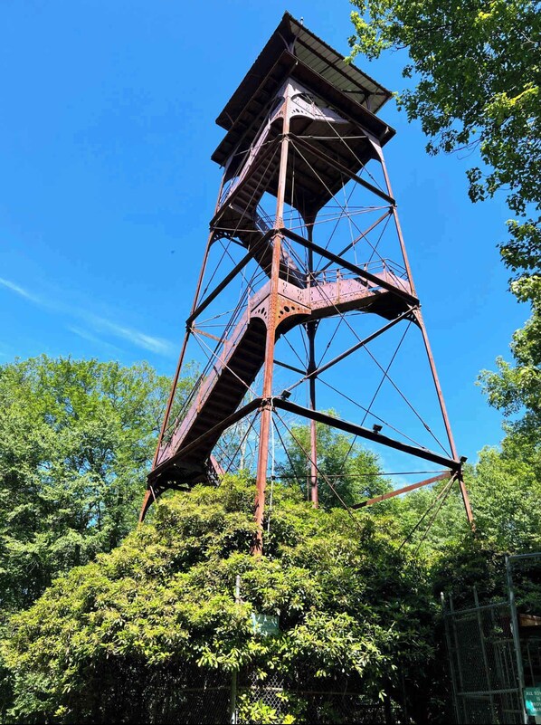 A tall, rusted metal tower with a staircase, surrounded by dense green foliage.