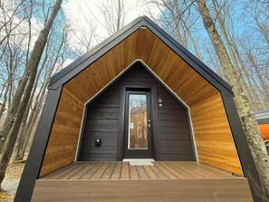 A cabin with a dark exterior, a wooden front door, and a small porch.
