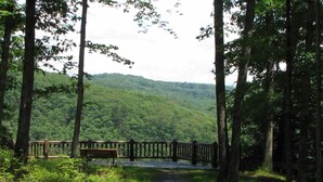A forested area with a wooden fence and a bench. - Pop up Camper Site Water & Electric Up to 32FT (Wellsboro)