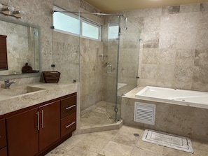 Shower, towels, soap, toilet paper