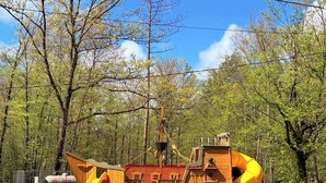 Une structure de jeu en bois, dotée d’un toboggan et d’une zone d’escalade, entourée d’arbres.