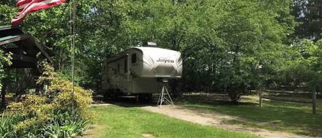 A Jayco RV parked in a grassy area with trees in the background.