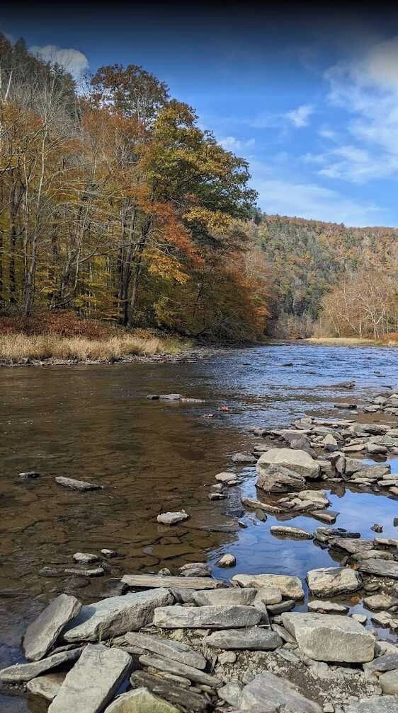 Een rivier met helder water, omgeven door herfstkleurige bomen en rotsachtig terrein.