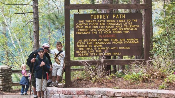 Schild für den Pfad der Türkei mit Warnhinweisen zu den Wegbedingungen und einer Schleife von 1,5 Stunden.