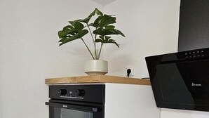 A compact kitchen with a built-in oven, a microwave, and a countertop with a plant. - ELODIA LUXURY Apartment, WiFi, terrace, kitchen, towels (Heidenheim an der Brenz)