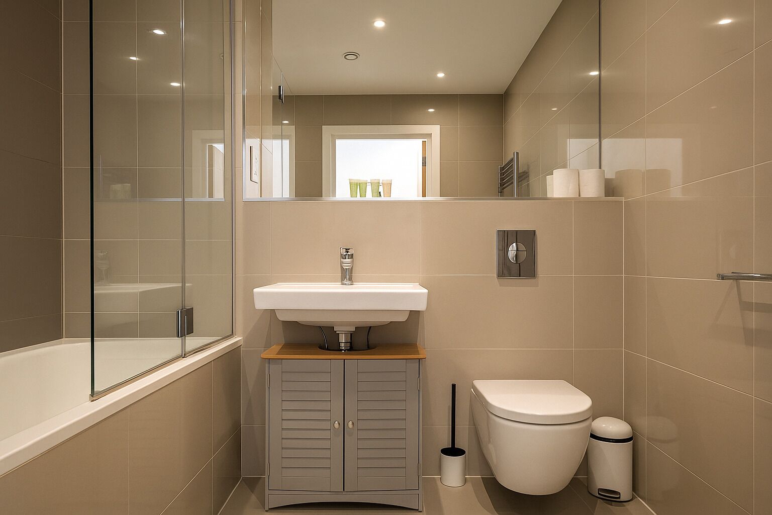 Een moderne badkamer met een douchecabine van glas, een wit wastafelmeubel en een toilet.