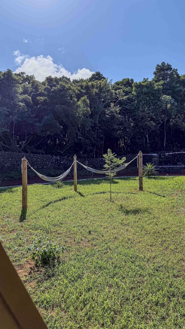 A grassy field with a hammock tied between two wooden posts, surrounded by trees and a stone wall. - Quinta do Ícaro (Praia da Vitória)