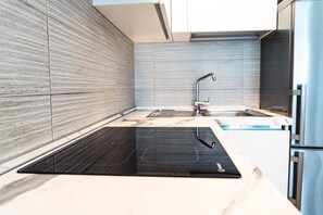 Fridge, microwave, highchair, cookware/dishes/utensils