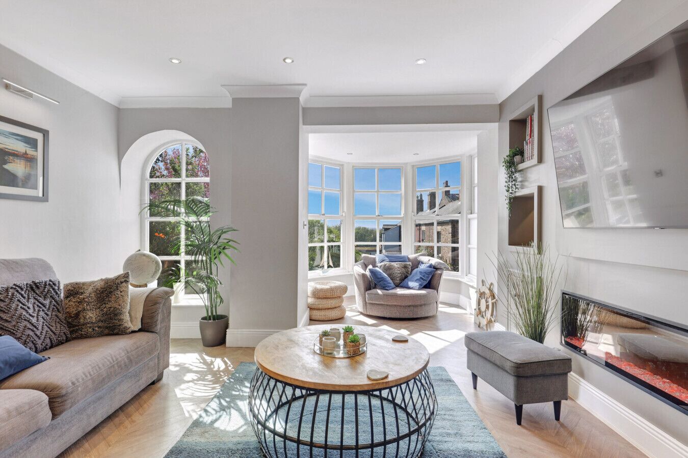 Smart TV, chimenea y libros 