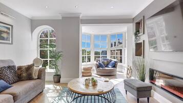 Smart TV, fireplace, books