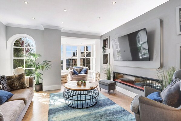 Smart TV, fireplace, books