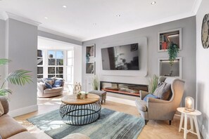 Smart TV, fireplace, books