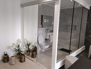 Shower, towels, soap, toilet paper