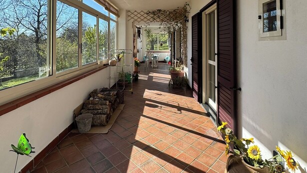 A sunlit corridor with large windows, potted plants, and a tiled floor. - Detached cottage among the pines of Sila (CS) (Rose)