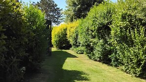 A well-maintained grassy pathway flanked by dense shrubbery, leading to a building with a sloped roof. - Vacation home Holland, 2 -4 pers., sea, dog, gas fireplace, wifi  (Sint Maartensvlotbrug)