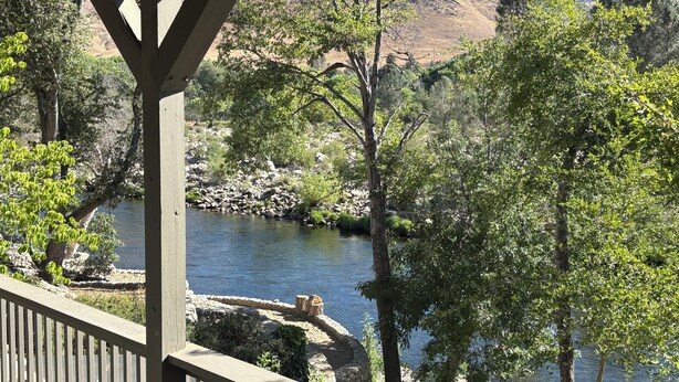 A river with surrounding greenery and mountains in the background.
