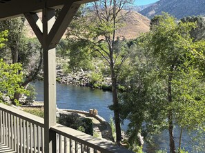 Un río rodeado de vegetación y montañas al fondo.