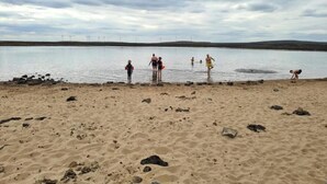 Una playa arenosa con gente de pie en aguas poco profundas, un cielo nublado y aerogeneradores a lo lejos.