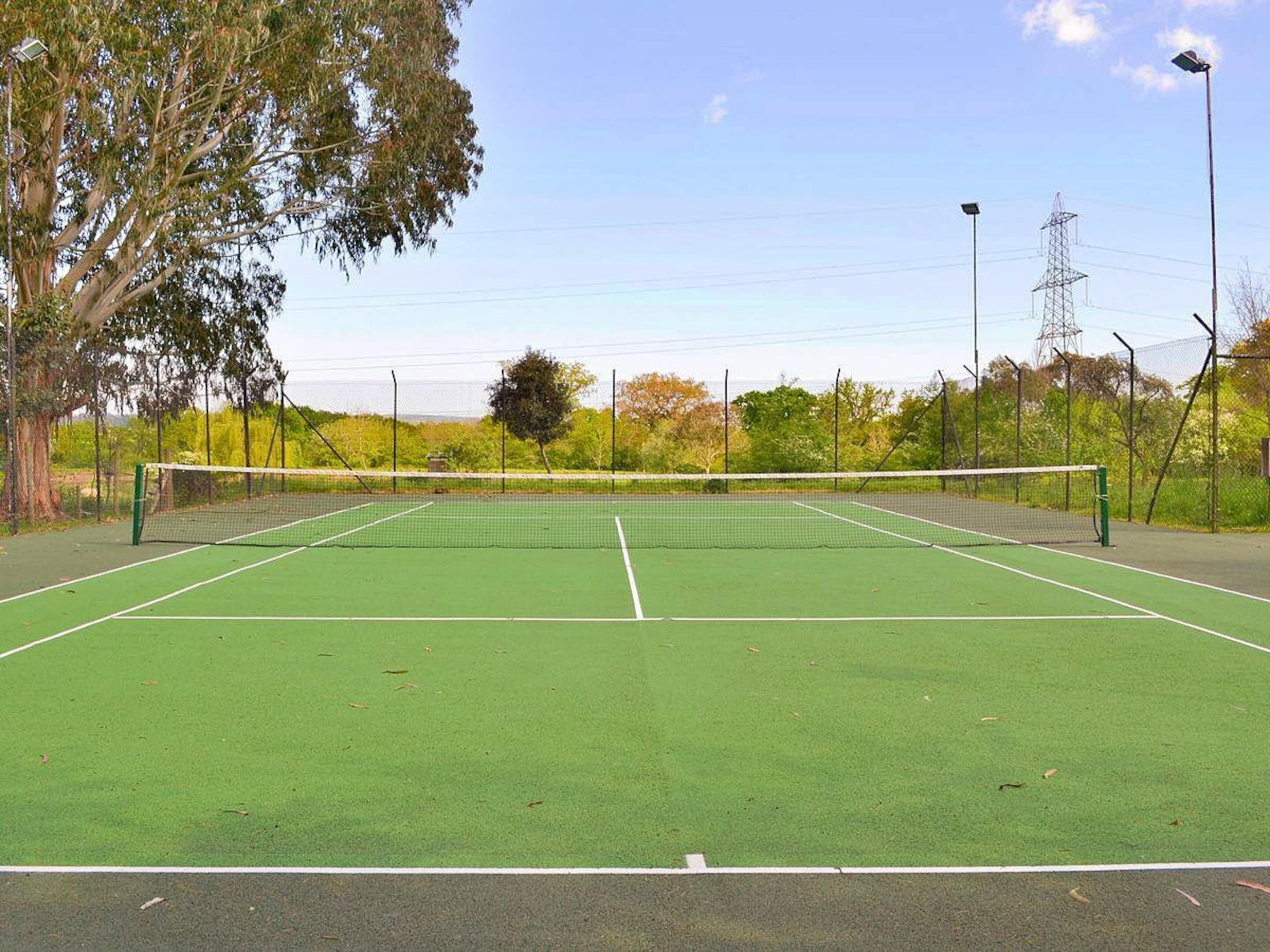 A tennis court with a net, surrounded by trees and a fence.