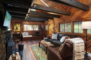 Smart TV, fireplace, video games, DVD player