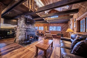 Smart TV, fireplace, DVD player, books