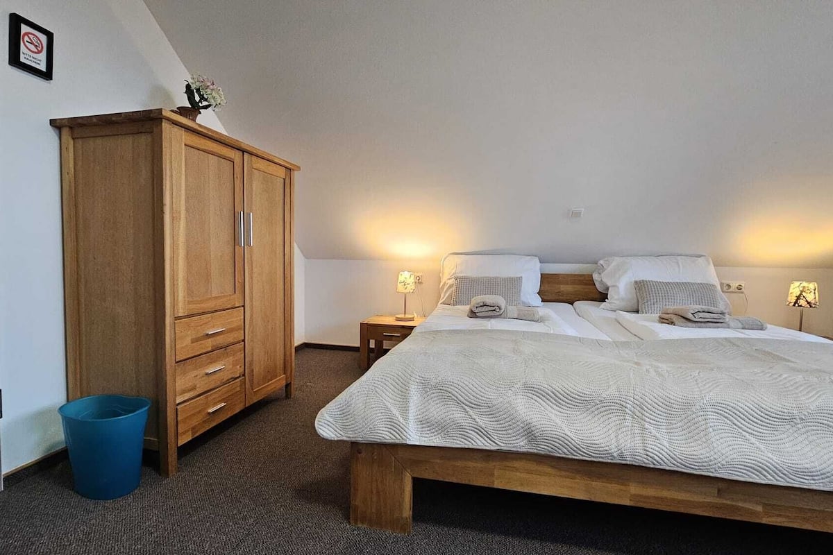 A bedroom with a wooden bed, two bedside tables with lamps, a wardrobe, and a blue trash bin.
