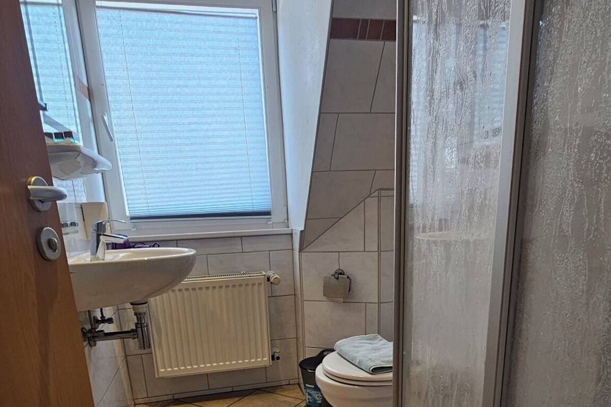 A bathroom with a shower, toilet, and sink.