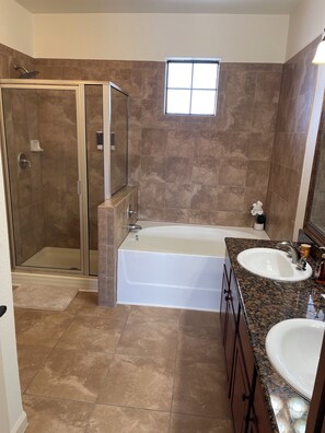 Hair dryer, towels, soap, shampoo