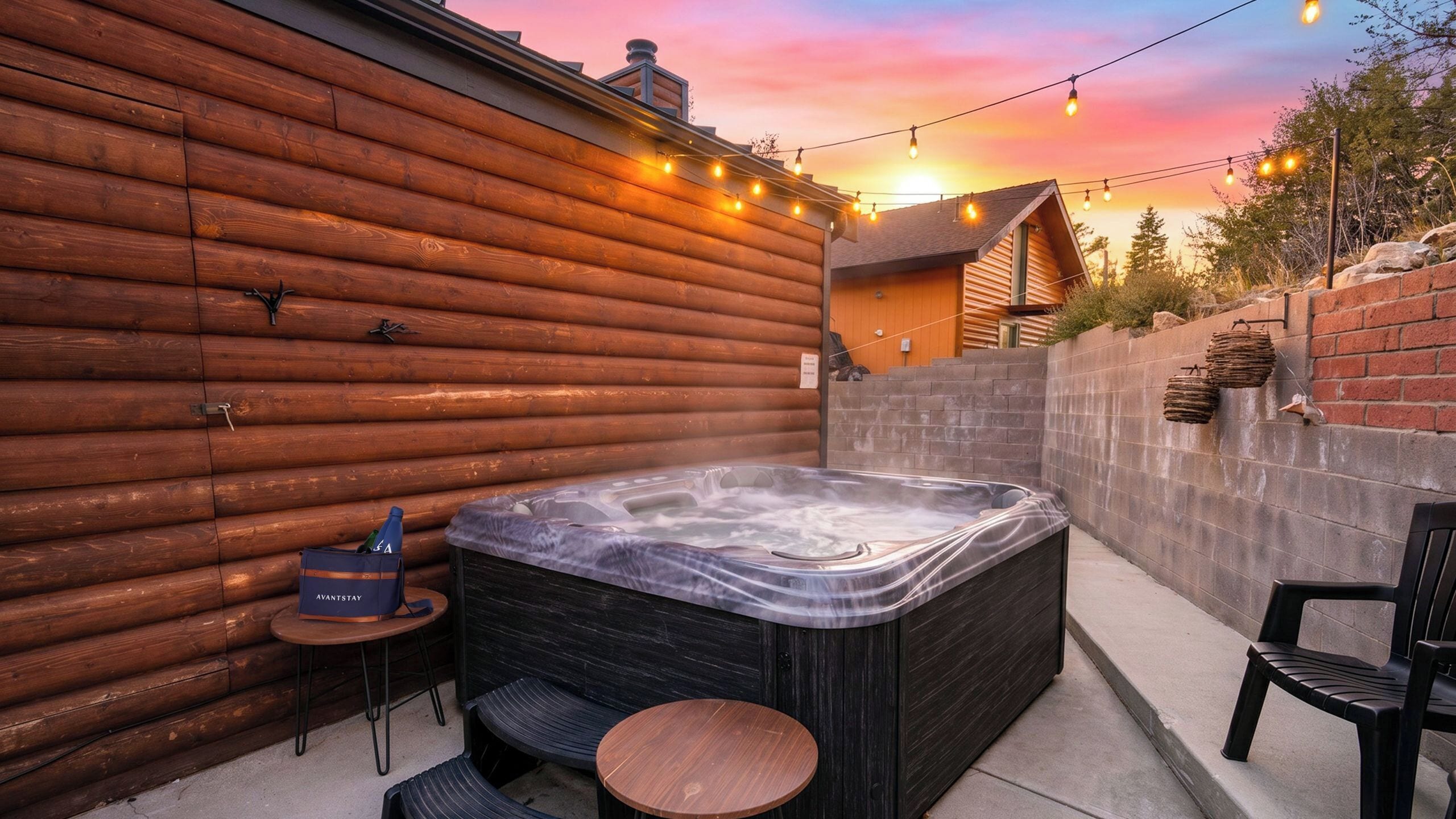 A hot tub in a wooden cabin with a brick wall, a small table, and chairs.
