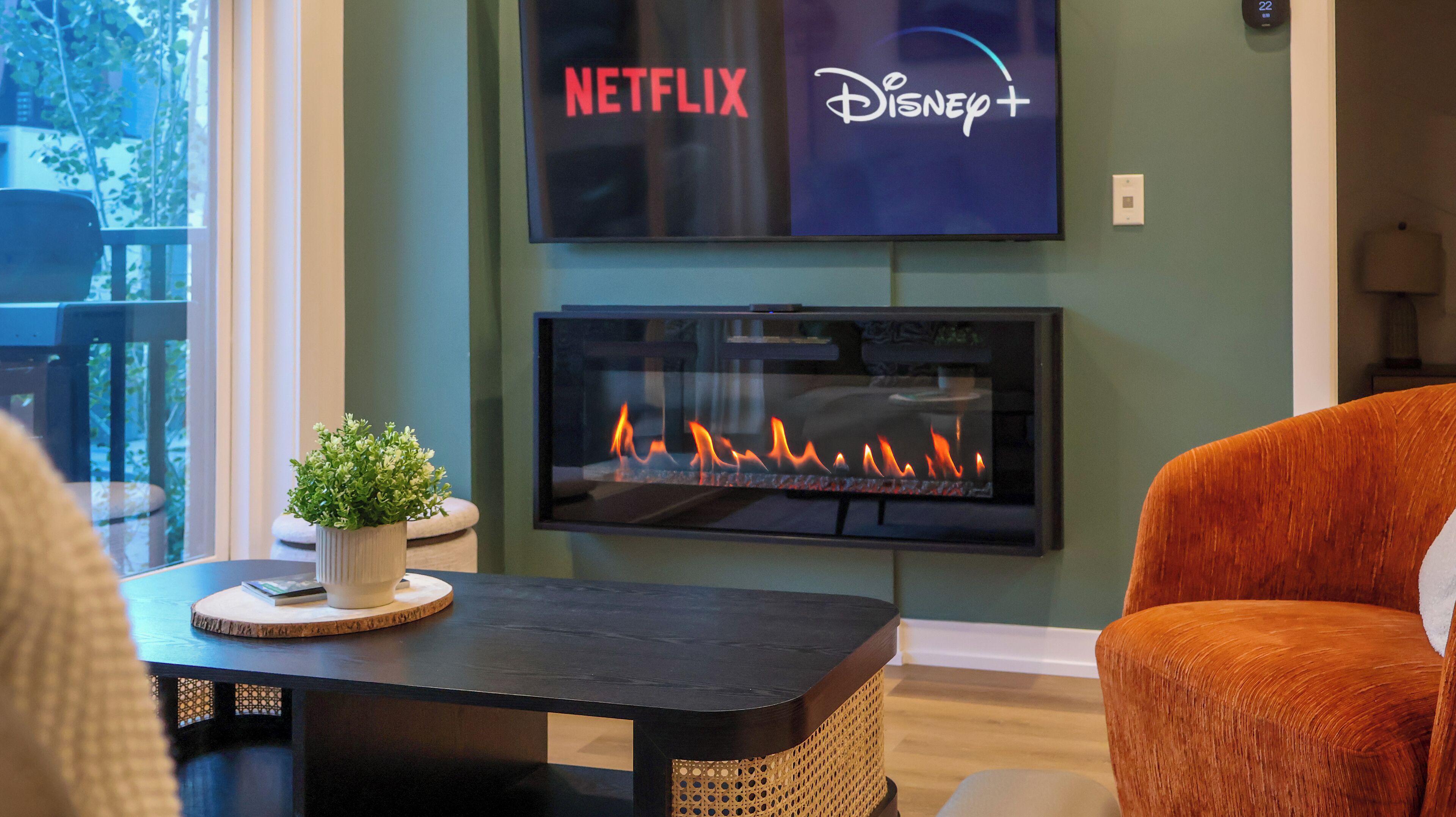 Ein Wohnzimmer mit Kamin, einem Fernseher, der die Logos von Netflix und Disney+ zeigt, und einer Zimmerpflanze auf einem Tisch.