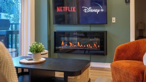 Un salon avec une cheminée, un téléviseur affichant les logos de Netflix et Disney+, et une plante en pot posée sur une table.