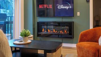 Ein Wohnzimmer mit Kamin, einem Fernseher, der die Logos von Netflix und Disney+ zeigt, und einer Zimmerpflanze auf einem Tisch.