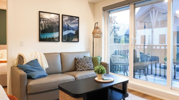 Smart TV, fireplace, books, offices