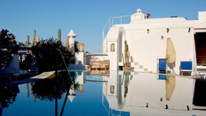A clear pool with a reflection of a white building, a wooden bench, and a cactus sculpture. - Ravino Ecolodge (Forio)