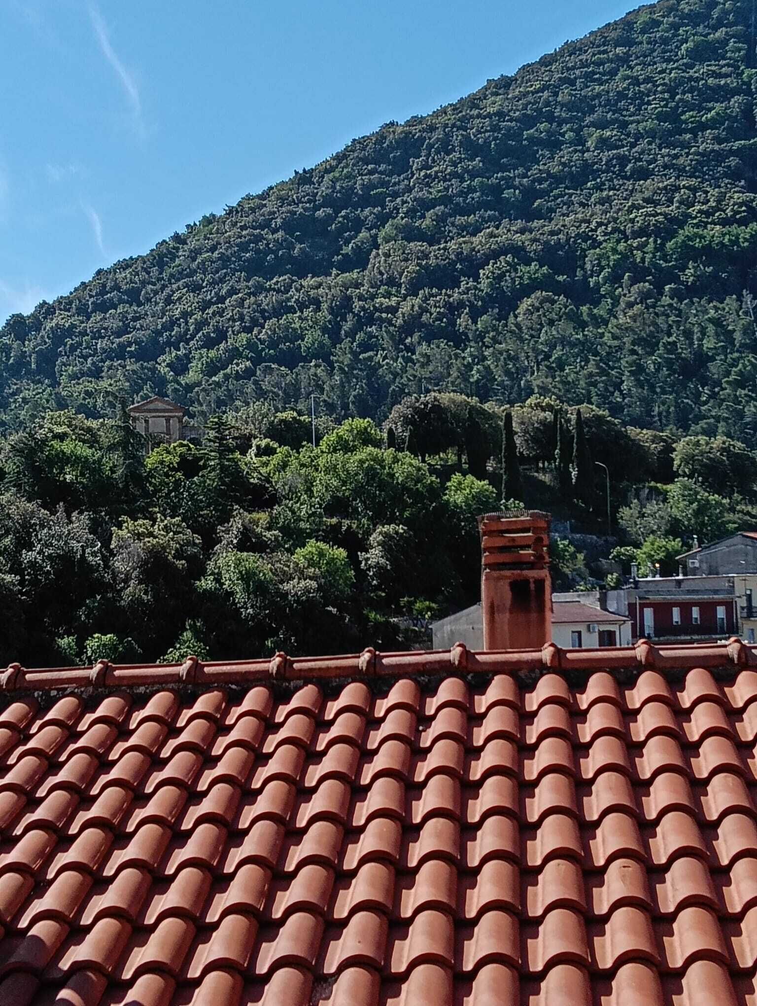 Un toit recouvert de tuiles en terre cuite, une montagne couverte d’une végétation luxuriante et un petit bâtiment de style architectural classique.