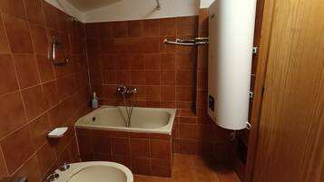 Hair dryer, bidet, towels, soap