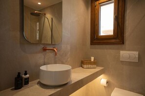 Hair dryer, towels, soap, toilet paper