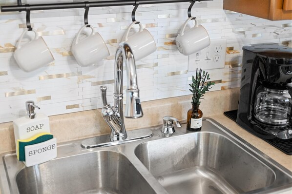 A kitchen with a double sink, a coffee maker, and a plant.